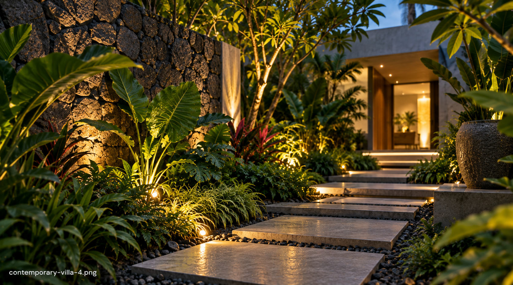 Tropical garden path beside a modern home